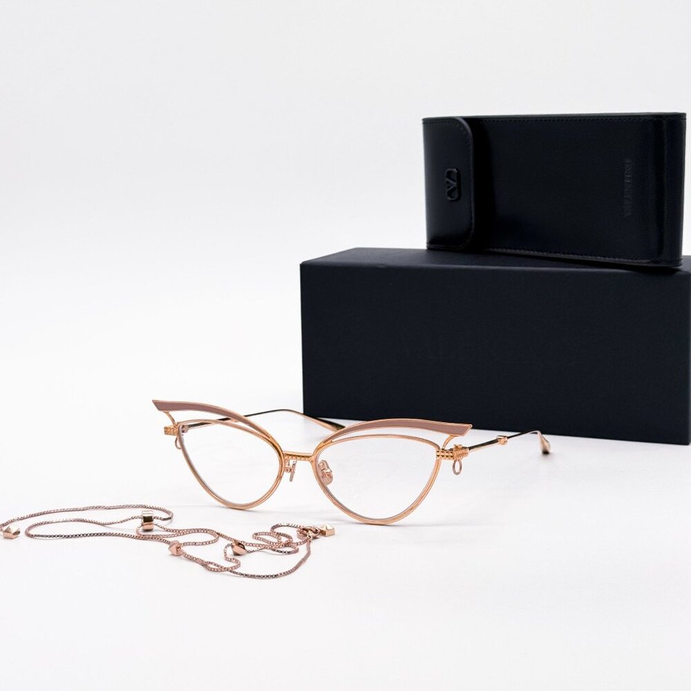 NEW VALENTINO GLASSLINER  VLX-118F EYEGLASSES CAT EYE GOLD EYEWEAR WITH CHAIN